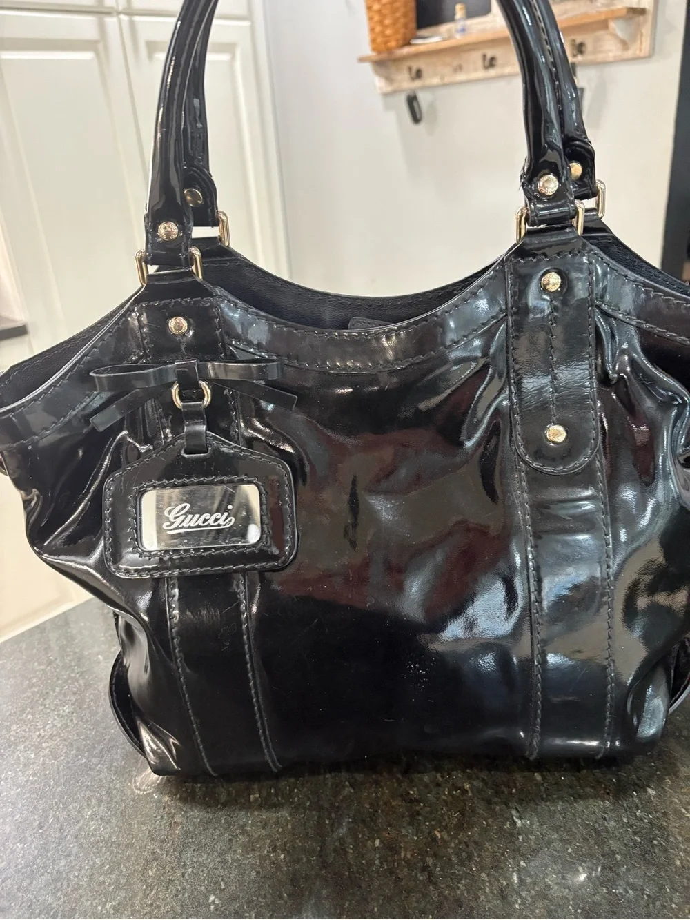 Gucci Black Patent Leather Shoulder Bag with Logo Tag